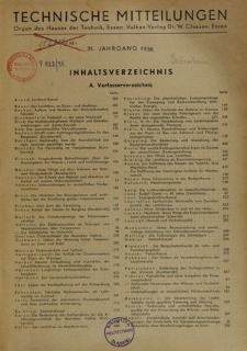 Technische Mitteilungen : Organ des Hauses der Technik, Essen, Jg. 31, Inhaltsverzeichnis