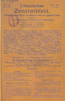 Chemisches Zentralblatt : vollständiges Repertorium für alle Zweige der reinen und angewandten Chemie, Jg. 88, Bd. 2, Nr. 3/4