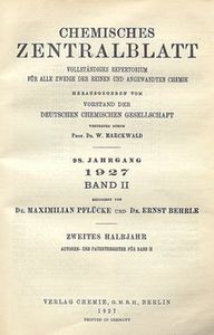 Chemisches Zentralblatt : vollständiges Repertorium für alle Zweige der reinen und angewandten Chemie, Jg. 98, Bd. 1 u. 2, Formelregister