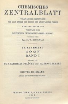 Chemisches Zentralblatt : vollständiges Repertorium für alle Zweige der reinen und angewandten Chemie, Jg. 98, Bd. 1, Register der Patentnummern