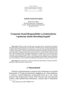 Corporate Social Responsibility a środowiskowe i społeczne skutki likwidacji kopalń