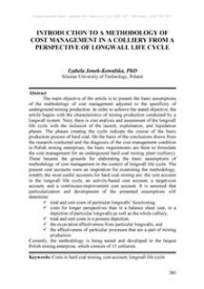 Introduction to a methodology of cost management in acolliery from a perspective of longwall life cycle