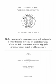 Recenzja rozprawy doktorskiej mgra inż. Jana Pizonia pt. Rola domieszek przyspieszających wiązanie i twardnienie betonu w kształtowaniu właściwości cementów zawierajacych granulowany żużel wielkopiecowy