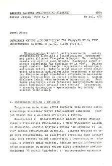 Omówienie metody audiowizualnej "Le français et la vie" obserwowanej na stażu w Paryżu (lato 1973 r.)