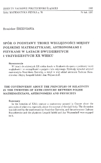 Spór o podstawy teorii względności między polskimi matematykami, astronomami i fizykami w latach dwudziestych XX wieku