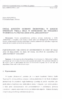 Udział kosztów ochrony środowiska w koszcie sprzedaży węgla oraz w odniesieniu do wielkości wydobycia na przykładzie KWK "Bielszowice"