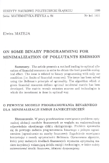 On some binary programming for minimalization of pollutants emission