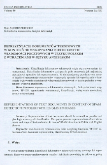 Reprezentacje dokumentów tekstowych w kontekście wykrywania niechcianych wiadomości pocztowych w języku polskim z wtrąceniami języka angielskiego