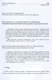 Implementacja algorytmów użytkownika w środowisku Business Intelligence SQL Server 2008