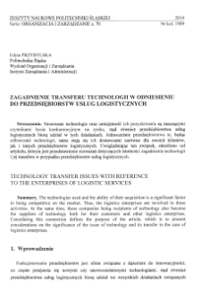 Zagadnienie transferu technologii w odniesieniu do przedsiębiorstw usług logistycznych