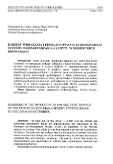 Bariery wdrażania i funkcjonowania Europejskiego Systemu Ekozarządzania i Audytu w niemieckich browarach