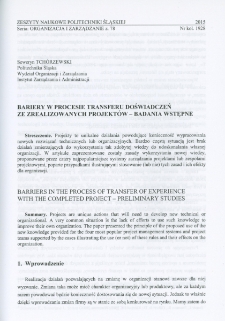 Bariery w procesie transferu doświadczeń ze zrealizowanych projektów - badania wstępne